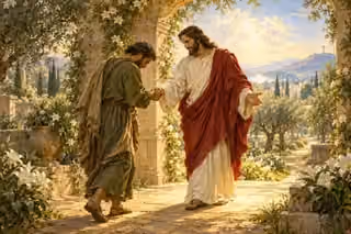 Jesus welcomes the repentant thief into a luminous garden, extending his hand in grace.