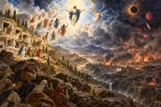 Christ and a trumpet angel appear above rising believers as darkened heavens, falling stars and burning cities fill a vast valley; frightened figures shelter among rocks.