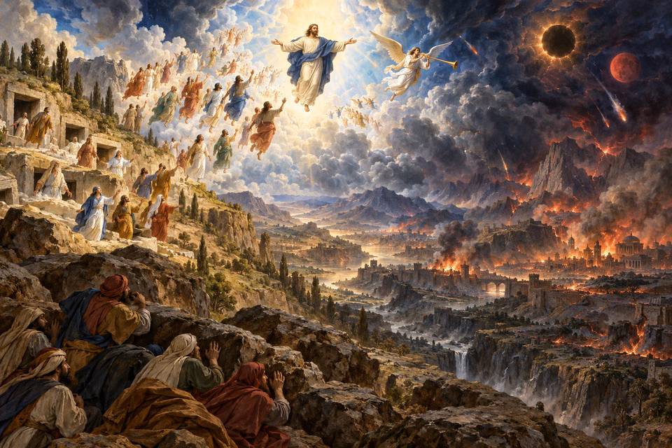 Christ and a trumpet angel appear above rising believers as darkened heavens, falling stars and burning cities fill a vast valley; frightened figures shelter among rocks.