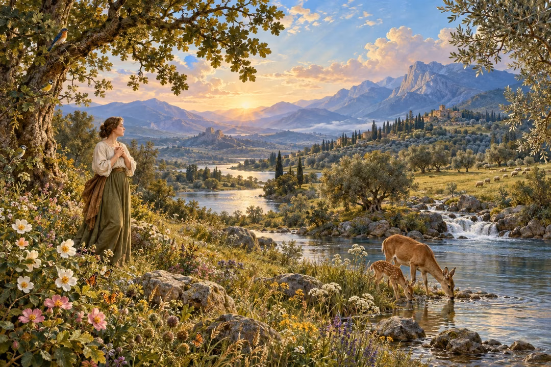A traveler gives thanks beside a river teeming with flowers, birds and deer.