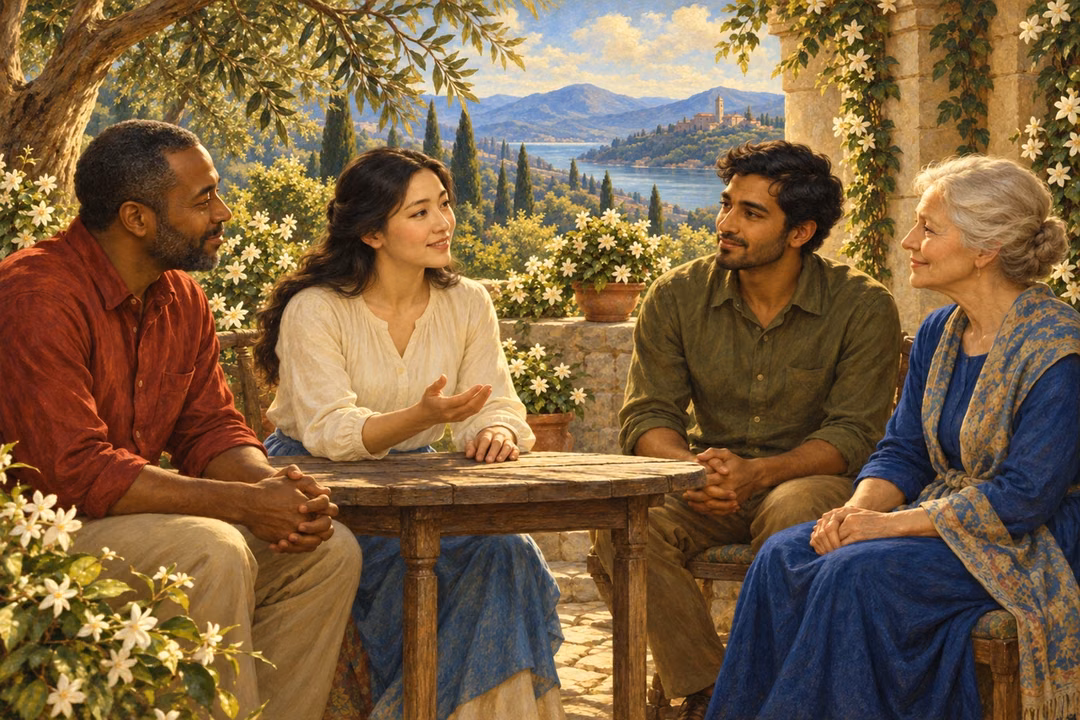 Four diverse friends share attentive fellowship around a courtyard table.
