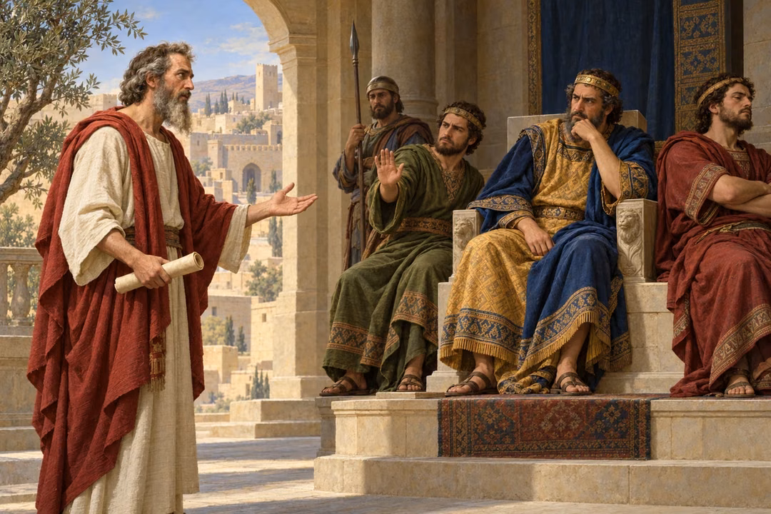 Jeremiah holds a rolled scroll and addresses a seated Judean king in blue and ochre while an olive-robed prince raises a dismissive hand, another prince turns away, and a guard watches from behind.