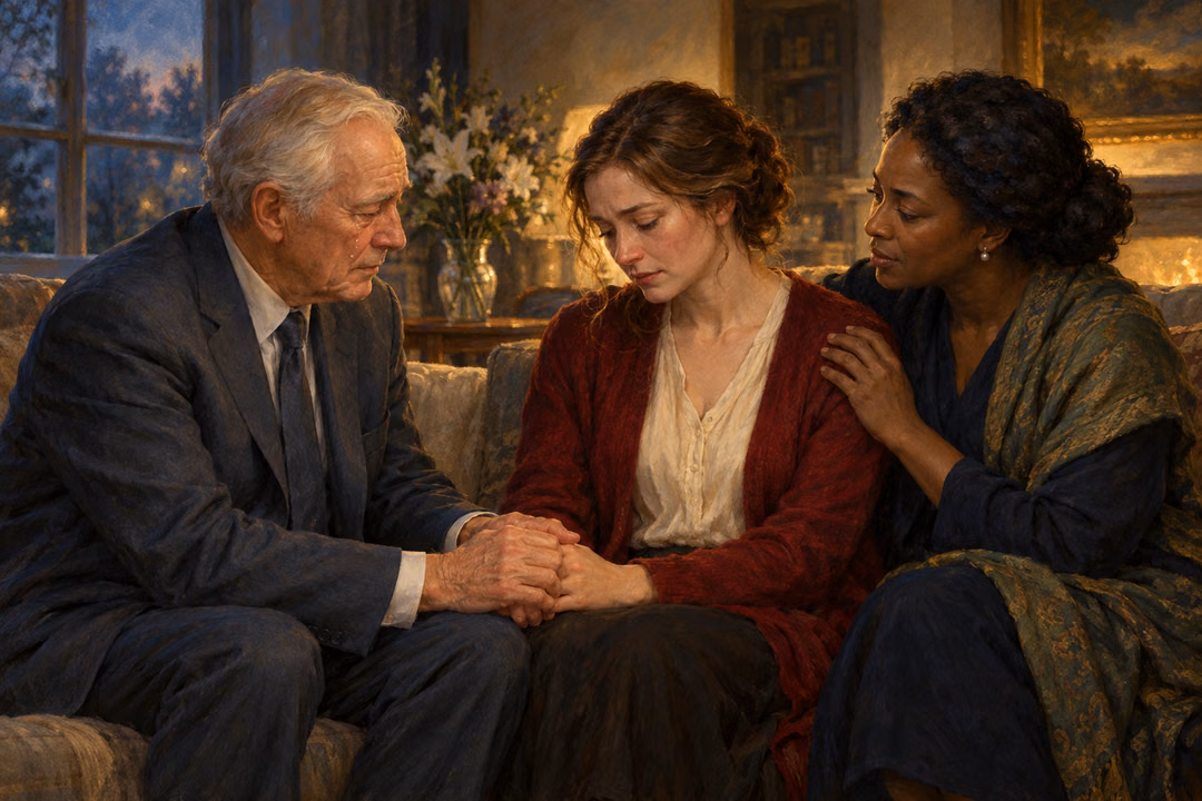 An elderly man and a grieving woman hold hands while a friend offers quiet comfort in a dimly lit room.