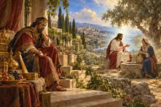 Solomon sits amid treasures with an empty open hand while Jesus teaches the Samaritan woman beside a well in a luminous olive landscape.