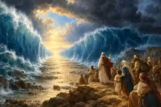 Moses and Israel watch a luminous dry path open between walls of sea.