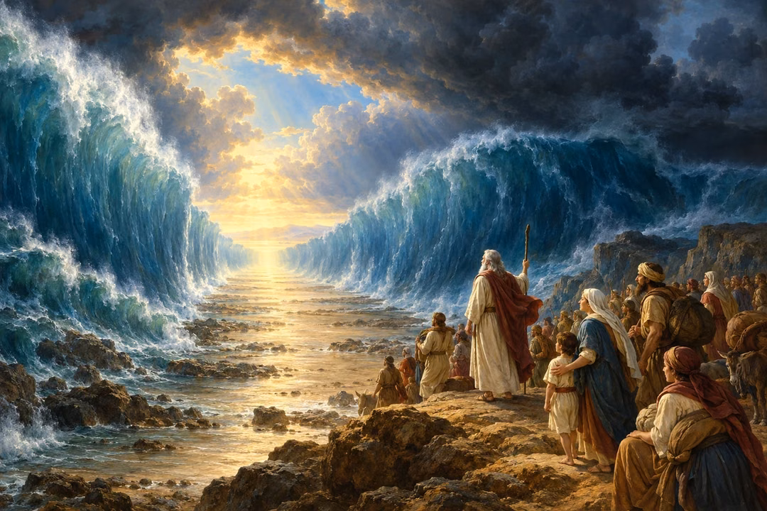 Moses and Israel watch a luminous dry path open between walls of sea.