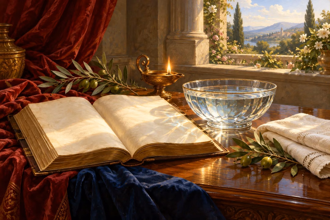 An open scripture volume, clean water, olive branches and a glowing lamp symbolize a pure conscience and living faith.