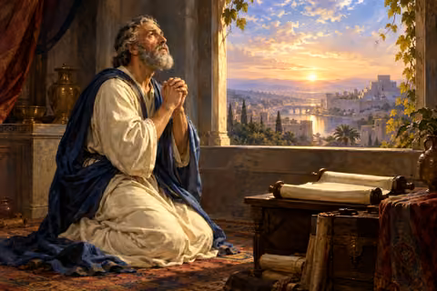 Daniel kneels in prayer at an open window overlooking an ancient city.