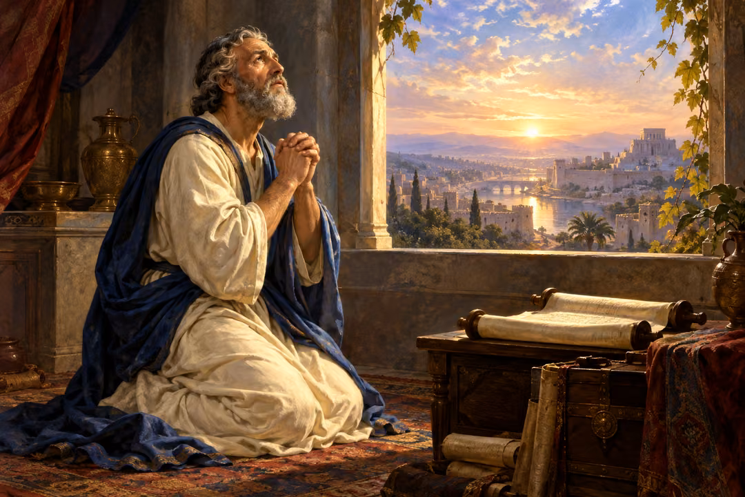 Daniel kneels in prayer at an open window overlooking an ancient city.