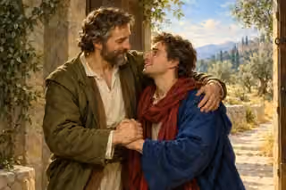 Two brothers embrace and clasp hands in forgiveness beside an open doorway.