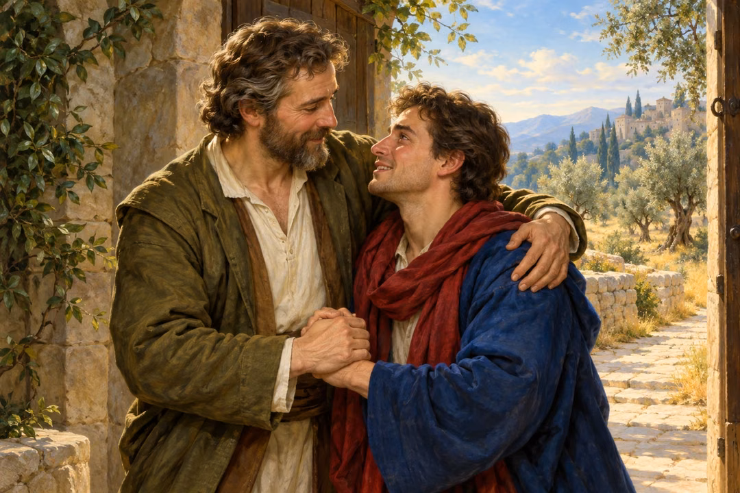 Two brothers embrace and clasp hands in forgiveness beside an open doorway.
