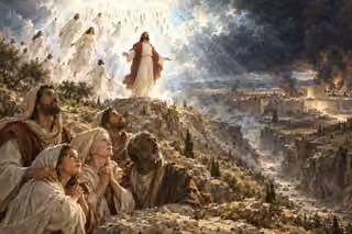 Christ stands on a rocky ridge above a great divided valley as five people look upward and clothed figures rise into radiant clouds, with smoke over walled Jerusalem beyond.