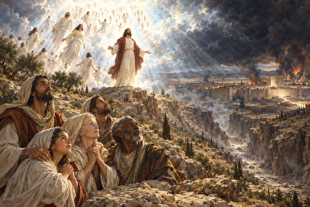 Christ stands on a rocky ridge above a great divided valley as five people look upward and clothed figures rise into radiant clouds, with smoke over walled Jerusalem beyond.