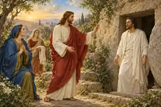 Jesus and Martha greet Lazarus restored to life outside the stone tomb.