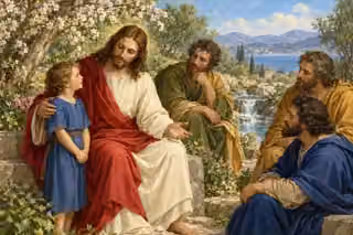Jesus welcomes a trusting child while his disciples listen in a sunlit garden.