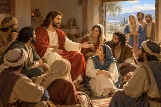 Jesus gestures toward obedient disciples as his spiritual family while his mother and brothers wait respectfully at the doorway.