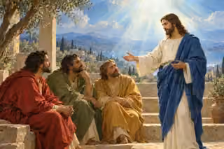 Oil painting of Jesus extending an open hand to attentive disciples on a stone terrace beneath a shared radiance of white and cyan light.