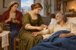 A caregiver wraps an elderly man's arm with a clean bandage while a companion brings a cup.