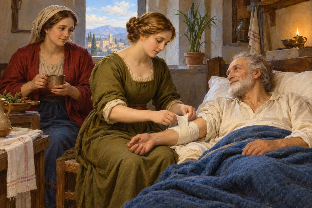 A caregiver wraps an elderly man's arm with a clean bandage while a companion brings a cup.
