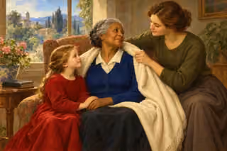 A visitor in an olive sweater gently wraps an ivory blanket around an elderly widow in blue while a girl in crimson holds the widow's hand in a warmly painted home.