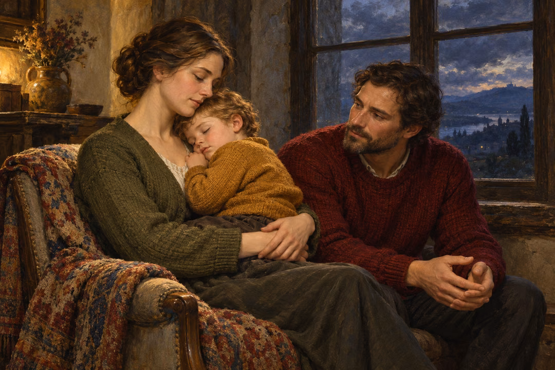 A woman cradles a resting child while a seated man looks toward them with calm, relaxed hands; slate clouds appear through a dark window.