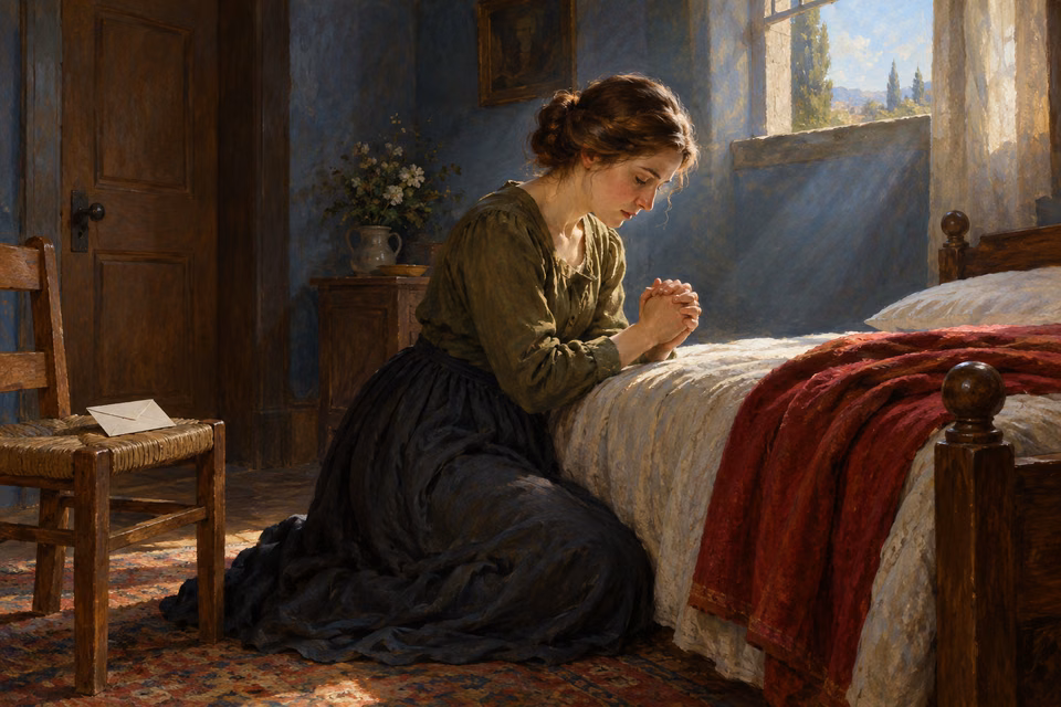 Oil painting of a woman praying alone beside a simple bed in a closed private room, with soft window light falling on her face and clasped hands.