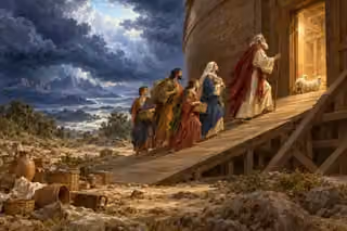 Noah and his family enter the ark beneath gathering clouds and hopeful light.