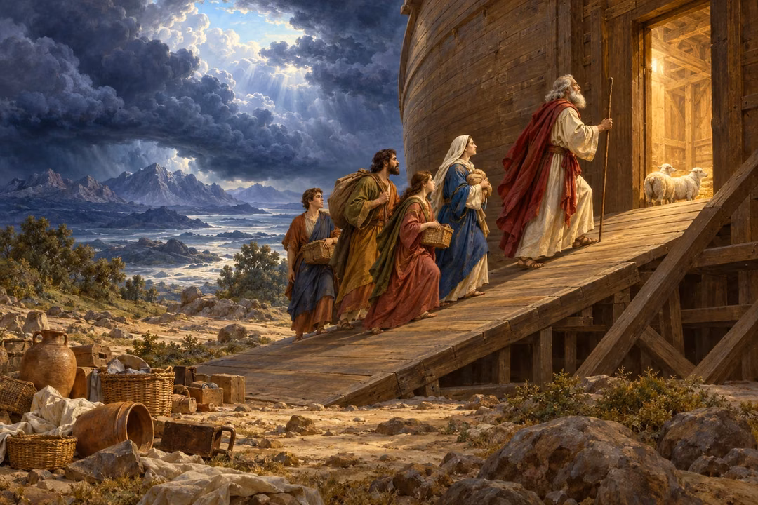 Noah and his family enter the ark beneath gathering clouds and hopeful light.