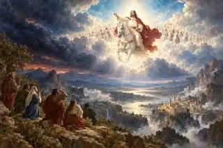 Christ on a white horse appears through radiant clouds above a vast dark landscape watched by small figures.