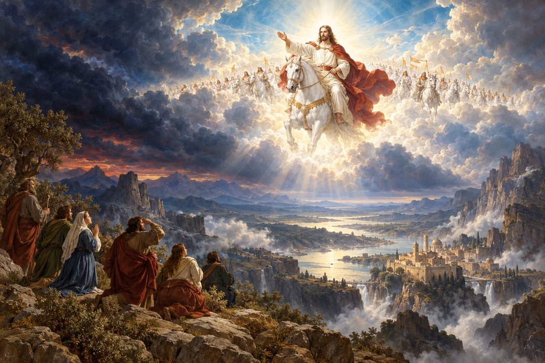 Christ on a white horse appears through radiant clouds above a vast dark landscape watched by small figures.