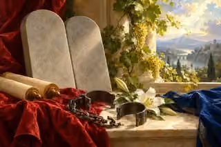Open shackles rest beside intact stone tablets, scrolls, a lily and a sunlit living vine.