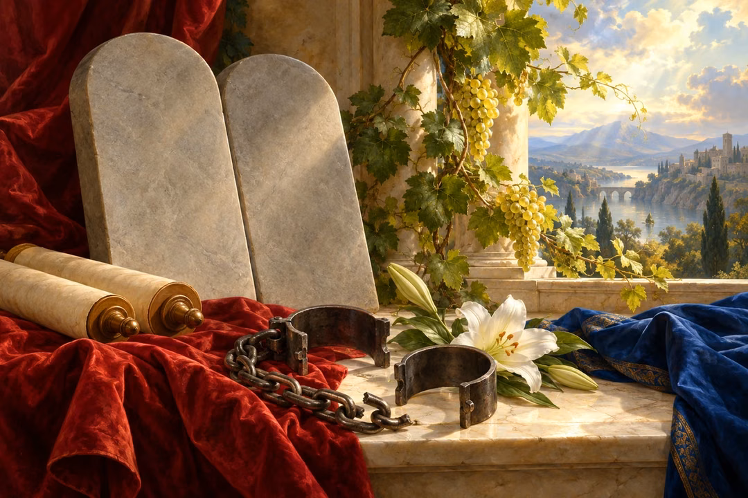 Open shackles rest beside intact stone tablets, scrolls, a lily and a sunlit living vine.