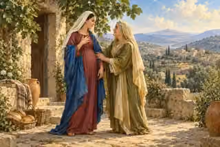 Mary speaks with humble joy to Elisabeth in a Judean courtyard, reflecting the shared language of prophecy and truth.