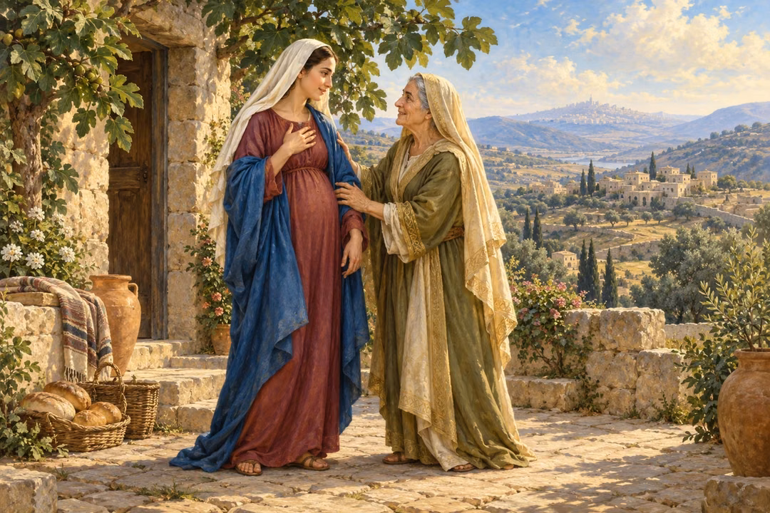 Mary speaks with humble joy to Elisabeth in a Judean courtyard, reflecting the shared language of prophecy and truth.