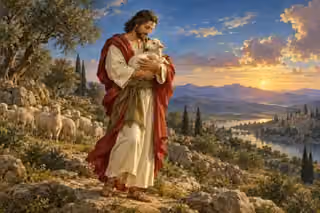 A shepherd holds a lost lamb tenderly on a hillside above a sunset valley.