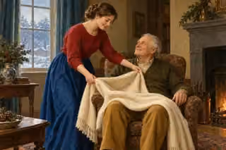 A smiling daughter places an ivory blanket over her elderly father's knees in a warm room overlooking falling snow.