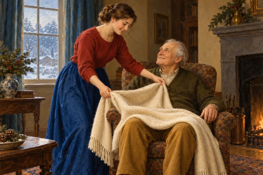 A smiling daughter places an ivory blanket over her elderly father's knees in a warm room overlooking falling snow.