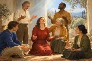 A small fellowship prays together in shared light, expressing peace, joy and attentiveness to the Spirit.