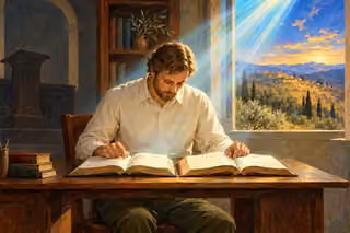 An earnest reader prayerfully compares two unmarked books beneath one spiritual light, seeking scriptural agreement and inward guidance.