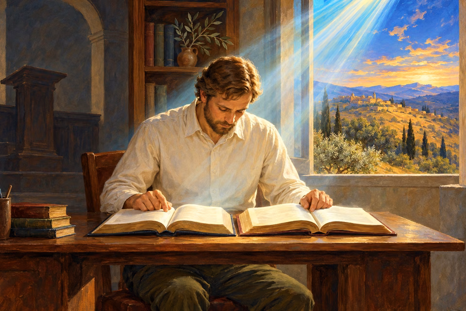 An earnest reader prayerfully compares two unmarked books beneath one spiritual light, seeking scriptural agreement and inward guidance.