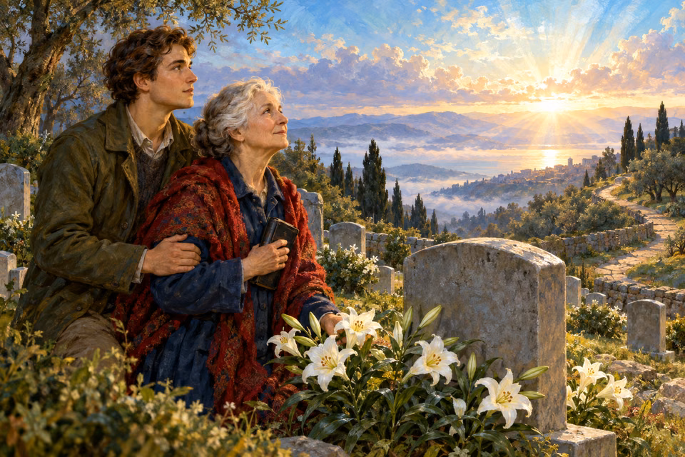 An older woman holding a Bible and a young man look toward a radiant sunrise beside white lilies and unmarked hillside graves.