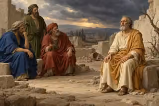 Job sits steadfast in ivory and ochre robes across a ruined courtyard from three troubled friends beneath storm clouds.