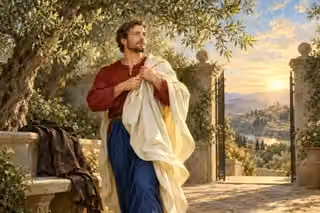 A man puts on an ivory cloak beneath gentle light in an olive garden.