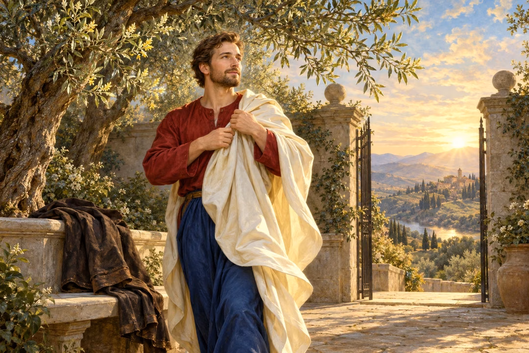 A man puts on an ivory cloak beneath gentle light in an olive garden.