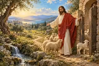 Christ stands at an open sheepfold gate leading into a sunlit meadow.