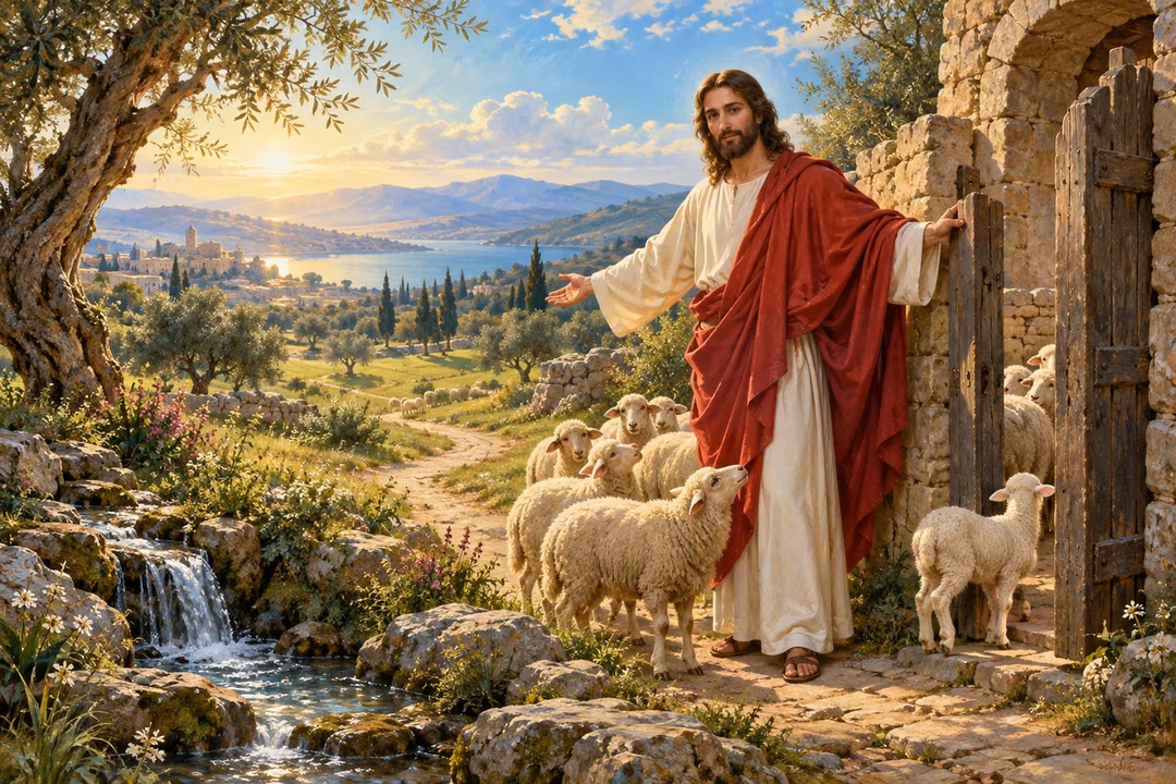 Christ stands at an open sheepfold gate leading into a sunlit meadow.