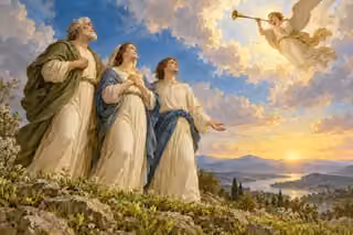 Three faithful figures look upward into dawn light as an angel sounds a trumpet above them.
