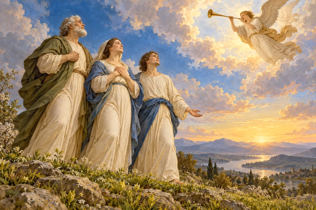 Three faithful figures look upward into dawn light as an angel sounds a trumpet above them.