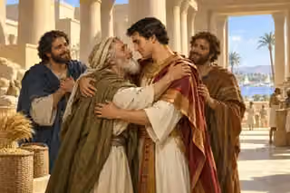 Joseph warmly embraces his elderly father as family gathers in an Egyptian courtyard.