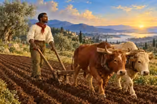 A farmer guides an ox-drawn plough while looking ahead toward a bright dawn.